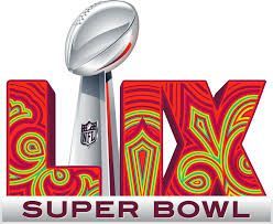 The logo for the NFL Super Bowl LIX 2025 with a football and Lombardi trophy. Sun, Feb 9th, 6:30PM. Chiefs vs Eagles. Mahomes Vs Hurts.