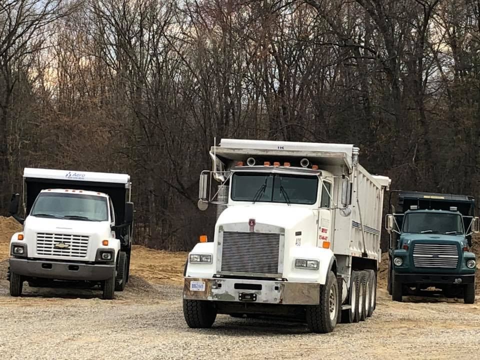 Three dump trucks parked on a gravel lot in front of leafless trees