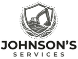 Johnson’s Services logo with excavator inside a shield over stylized waves