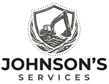 Johnson’s Services logo with excavator inside a shield over stylized waves