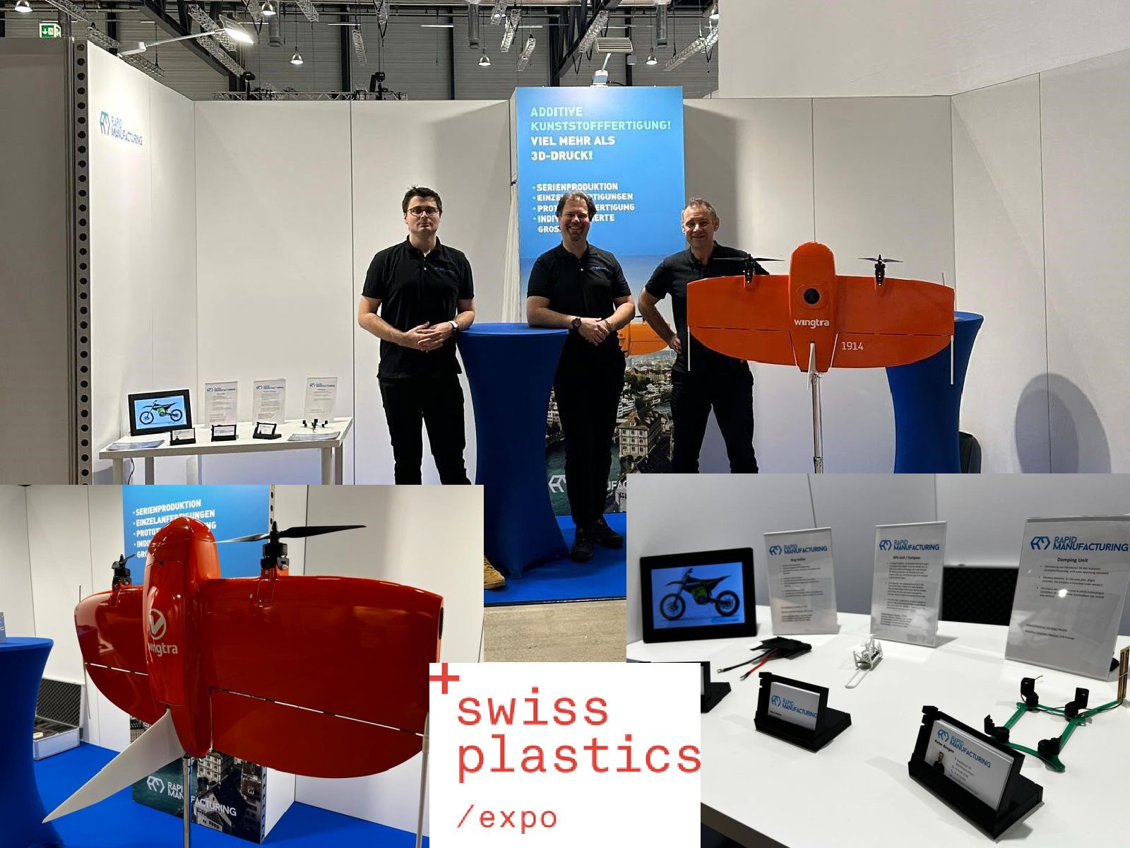 Eine Gruppe von Männern steht vor einem Stand der Swiss Plastics Expo