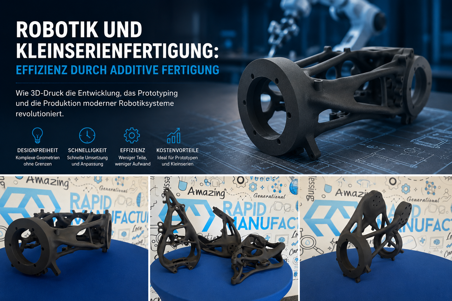 Industrieroboter neben additiv gefertigten Bauteilen oder einer modernen Fertigungsumgebung mit 3D-g