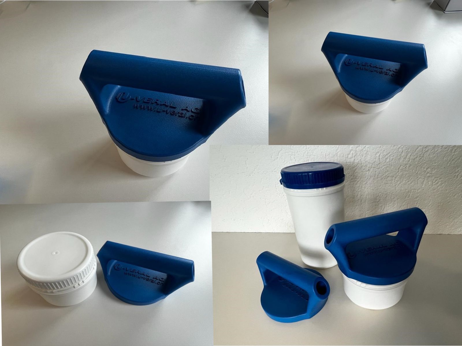 Eine Flasche mit blauem Henkel und weissem Deckel
