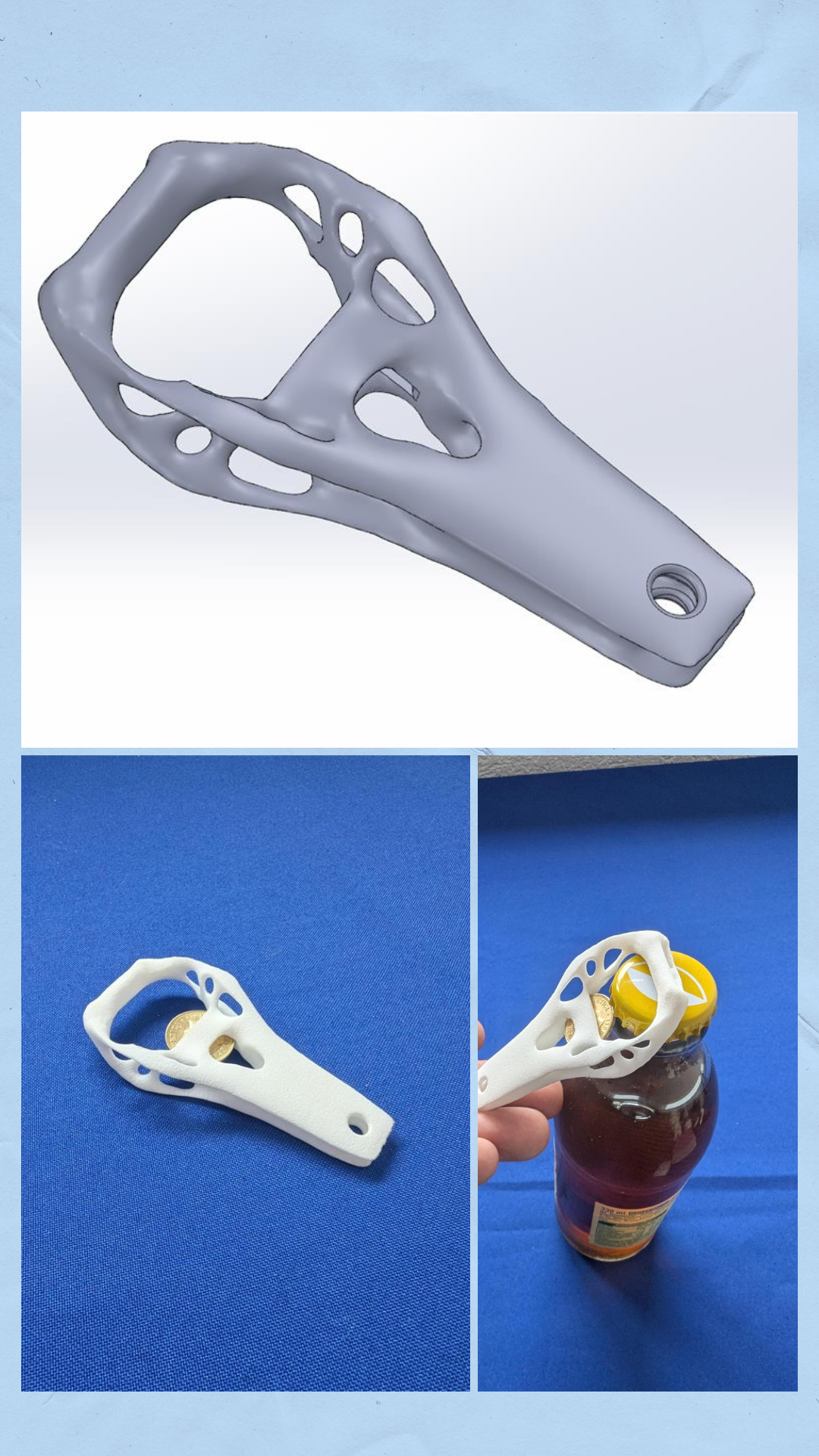 Ein 3D-gedruckter Flaschenöffner wird zum Öffnen eines Honigglases verwendet