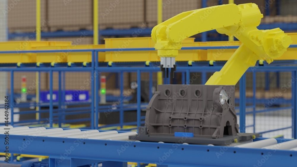 Ein Roboterarm bewegt ein Stück Metall auf einem Förderband in einer Fabrik.