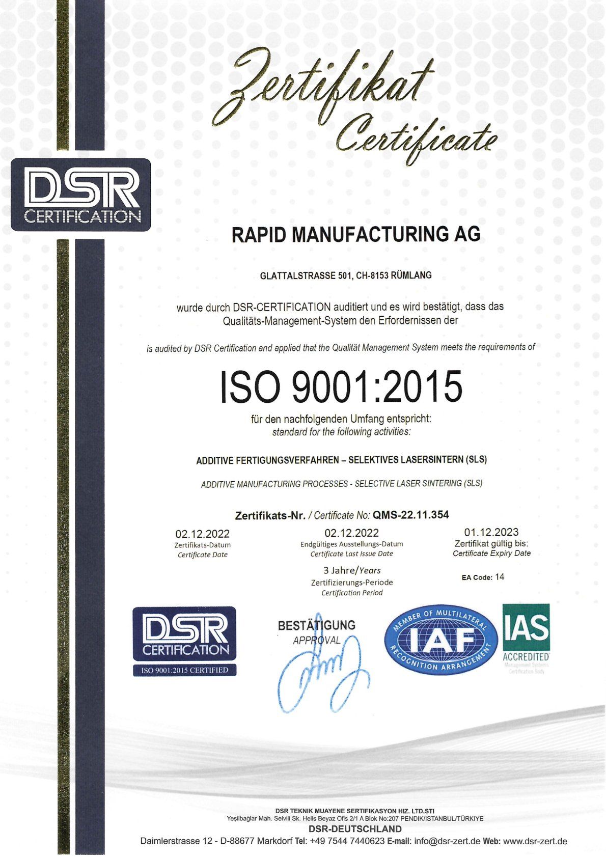 Es handelt sich um ein Zertifikat auf dem ISO 9001 2015 steht.