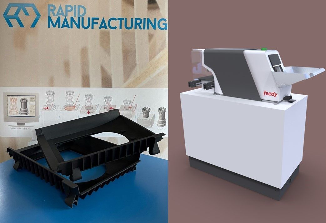 Ein Bild einer Maschine neben einem Schild mit der Aufschrift „Rapid Manufacturing“