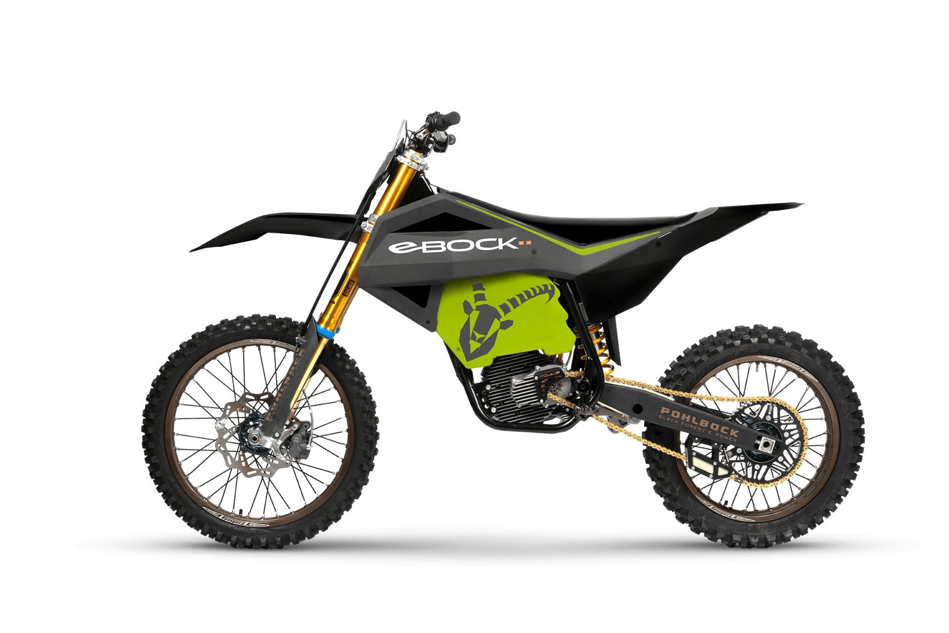 Ein schwarz-grünes Dirtbike mit einer gelben Batterie auf weissem Hintergrund.