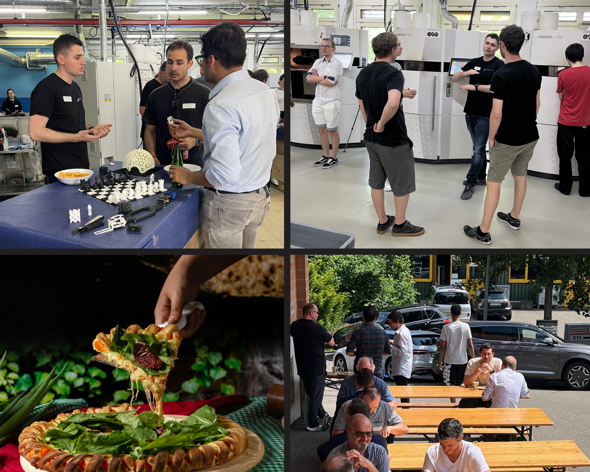 Eine Collage aus vier Bildern von Menschen, die Pizza essen