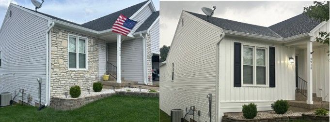 Side-by-side view of a white house exterior with an American flag and black shutters on the right. Side-by-side view of a white house exterior with an American flag and black shutters on the right.