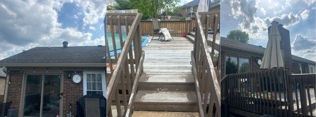 Wooden staircase leading to a brick house entrance with deck railings on both sides