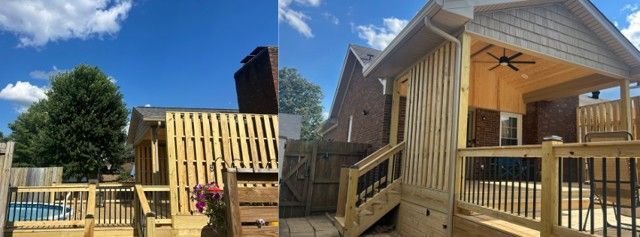 Wooden backyard deck and covered porch with black ceiling fan under a blue sky Wooden backyard deck and covered porch with black ceiling fan under a blue sky