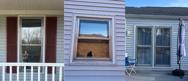Row of three house fronts with windows, porches, and a blue patio chair on the right