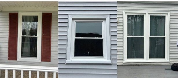 Three house windows with different trim colors: red shutters, gray siding, and white shutters. Three house windows with different trim colors: red shutters, gray siding, and white shutters.