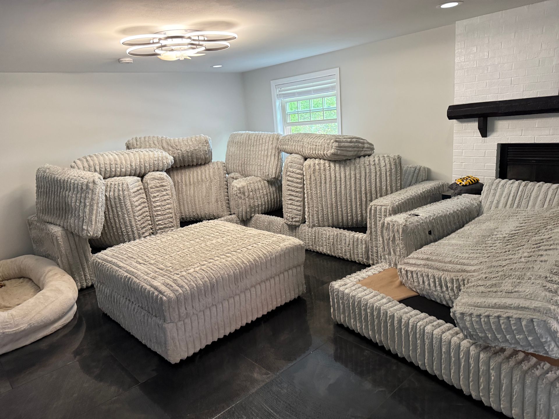 Open white dryer with lint filter pulled out, showing collected debris.