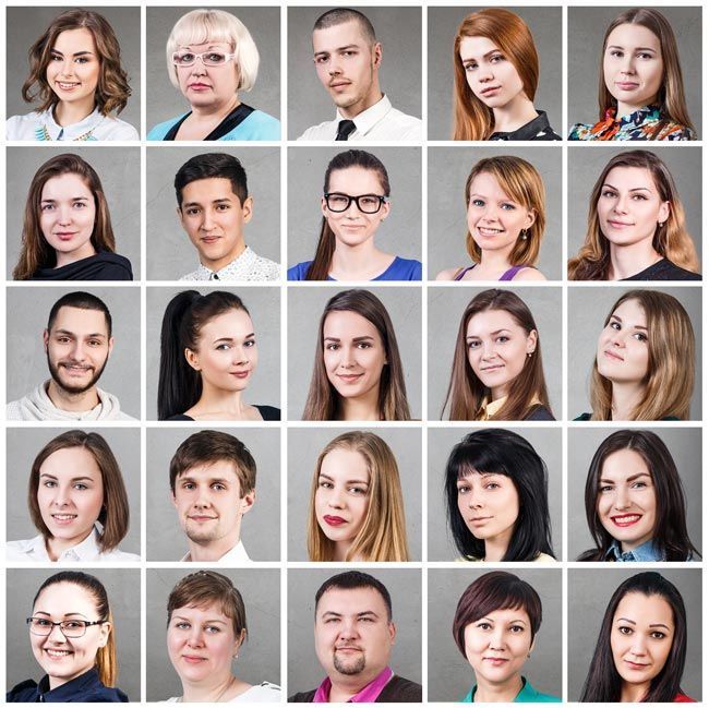 Grid of 25 studio headshots on white background, showing diverse expressions and hairstyles