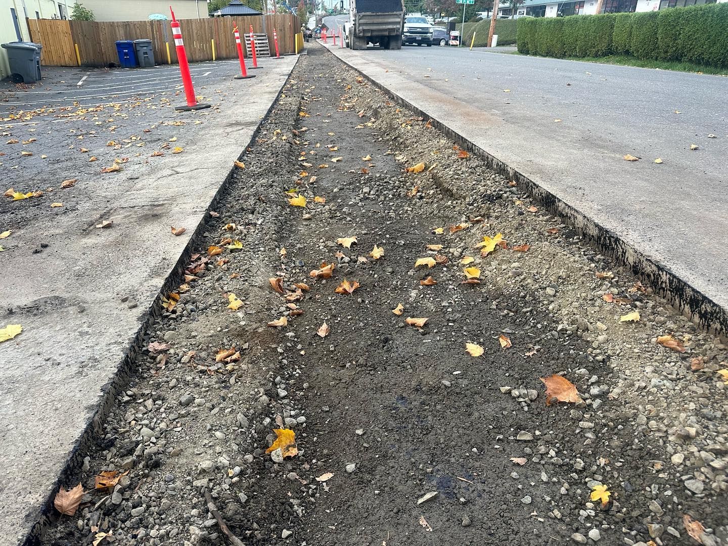 Road construction: a section of asphalt removed from a street, debris and leaves scattered, orange cones line the road.
