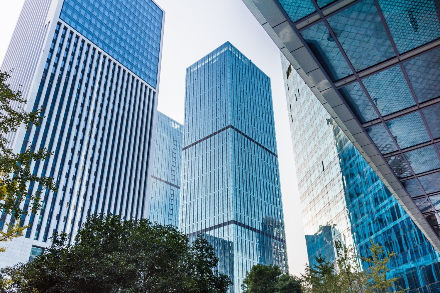 Low-angle view of modern glass skyscrapers reaching into the sky, framed by trees and an angular roof structure.