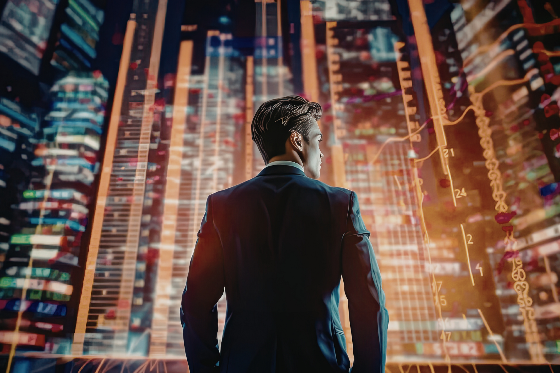 A person in a suit stands before a glowing, digital cityscape of tall buildings and data charts.