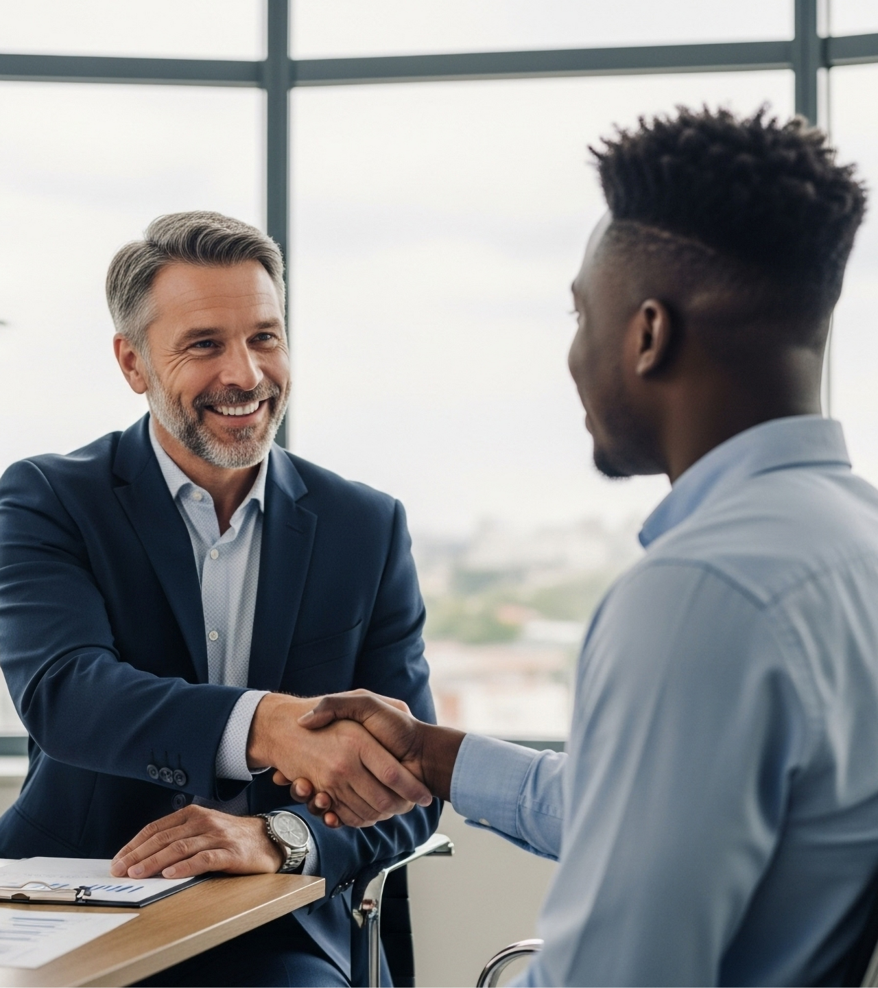 Two professionals in business attire shaking hands across a desk in a bright office.