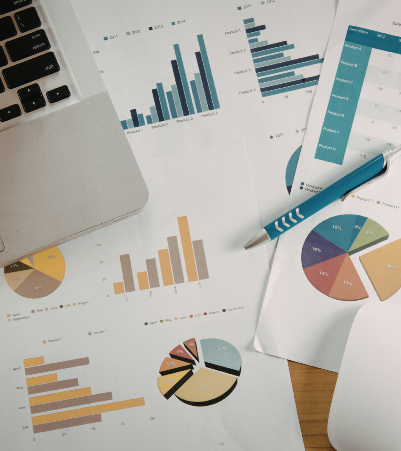 A laptop, a pen, and various printed business charts and pie graphs resting on a desk.