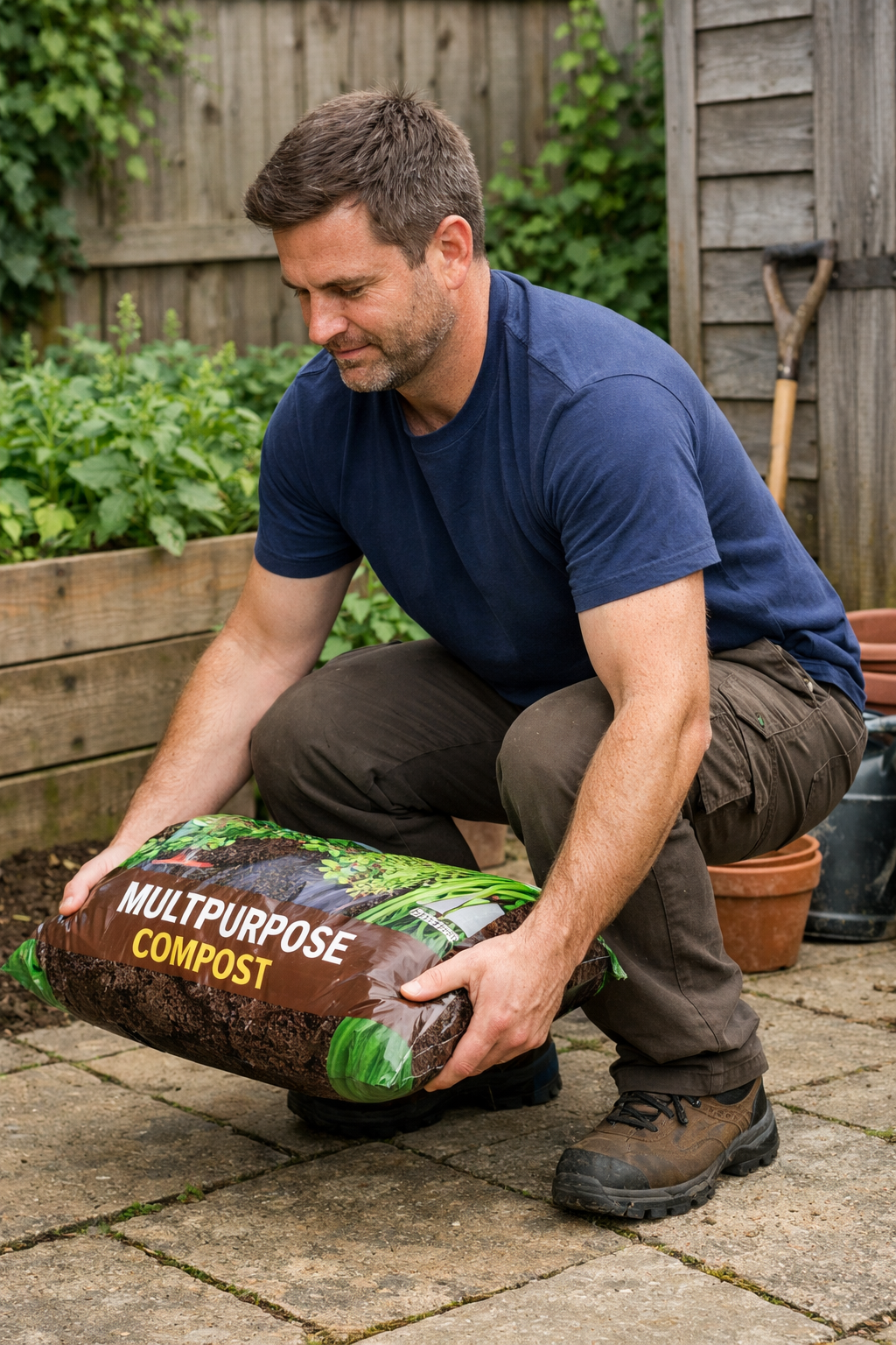 Man lifting a bag of compost in a garden. He is wearing brown pants, a blue shirt, and work boots.