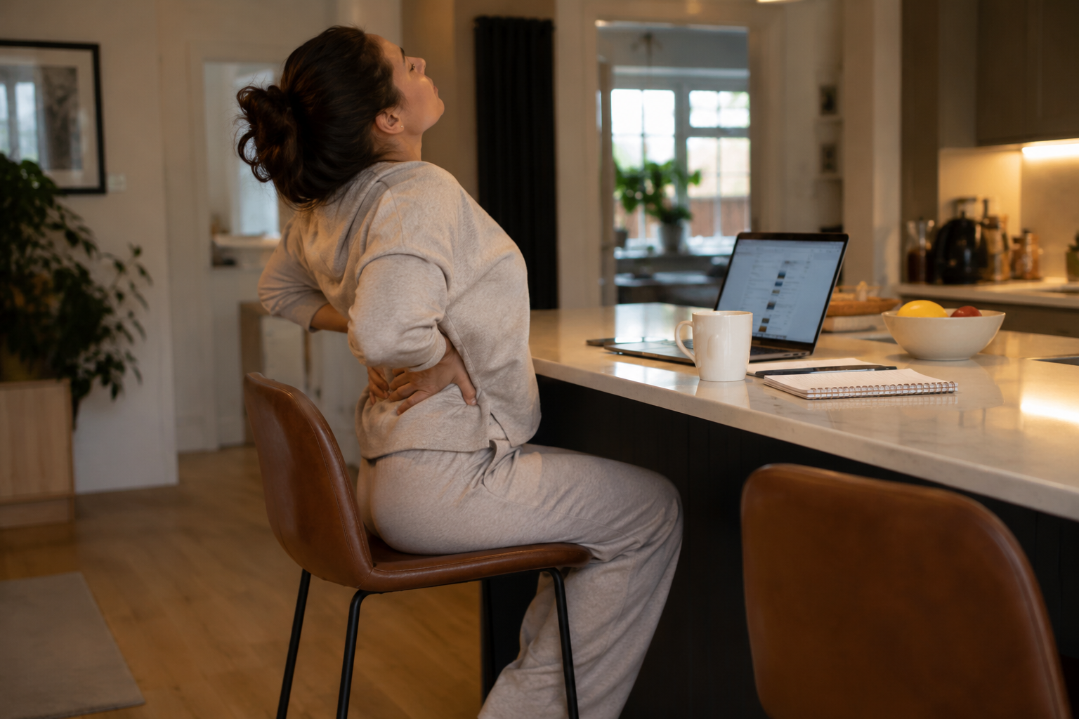 Person stretching at a kitchen island with a laptop and coffee mug nearby