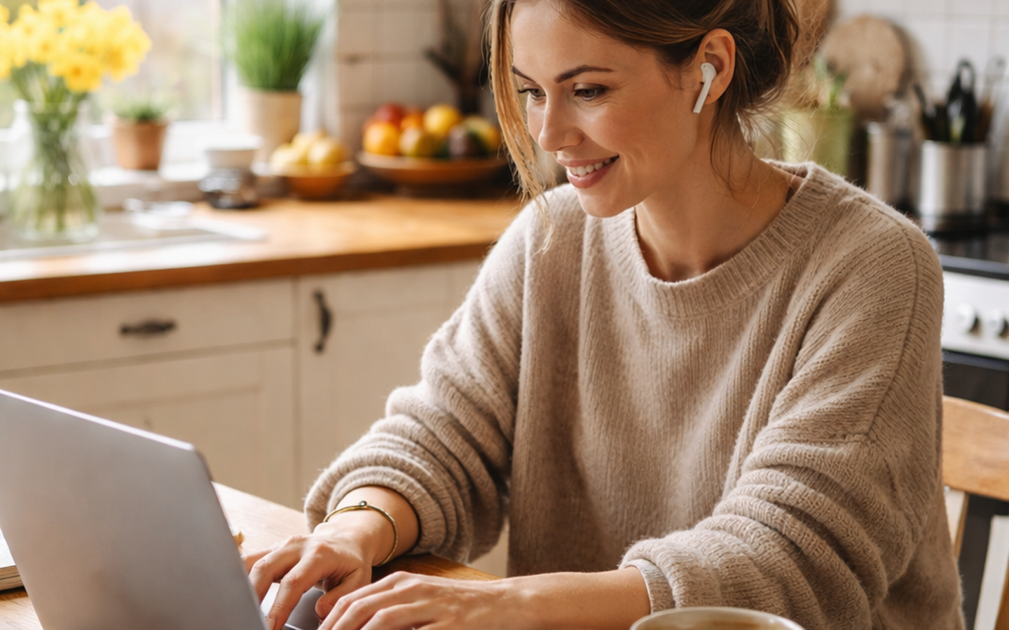 Woman with earbuds, working on laptop at a kitchen table, smiling.
