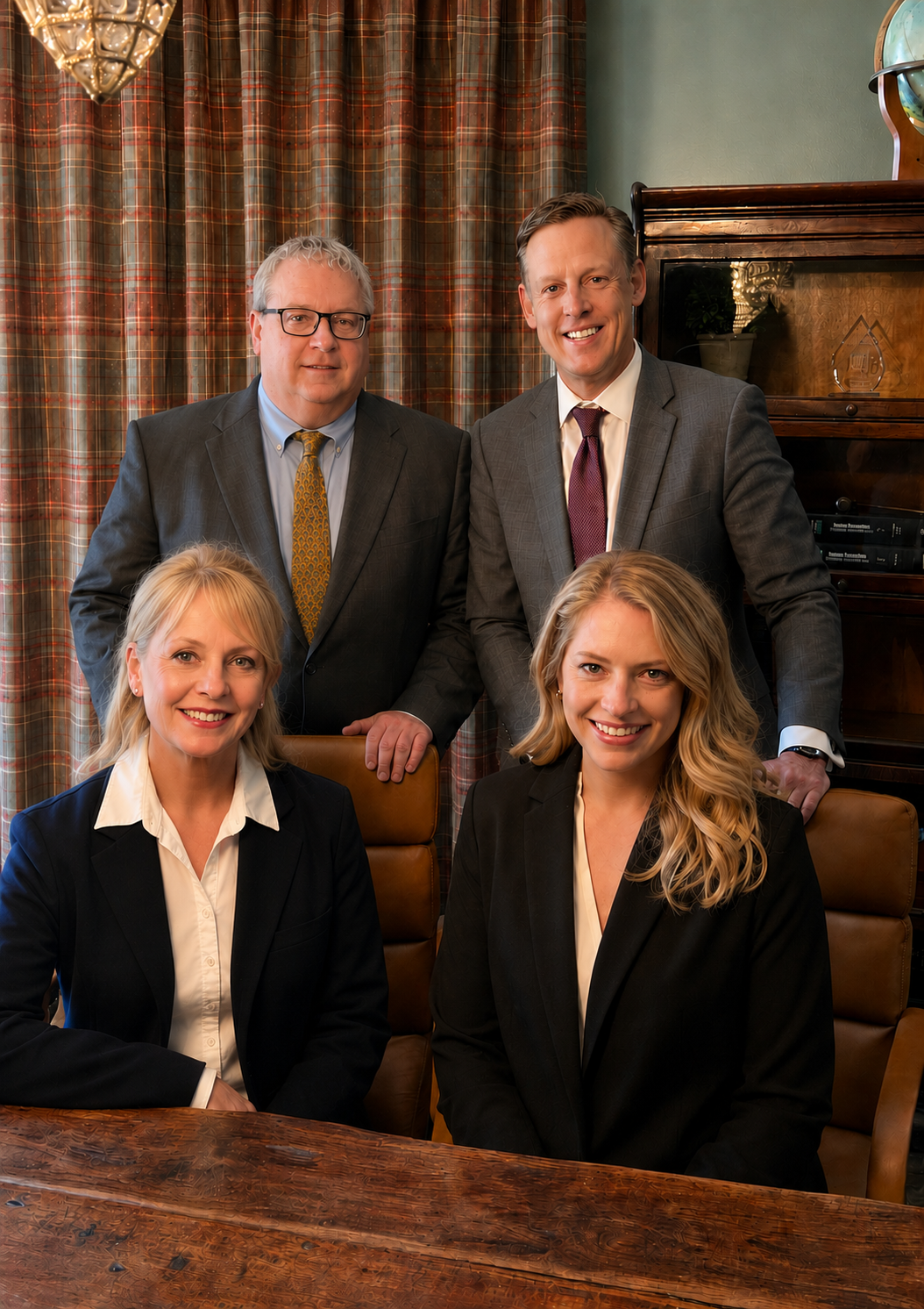 Four people posing in a wood-paneled office, two seated in front and two standing behind them.