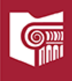 Red and white classical column icon logo with a spiral detail