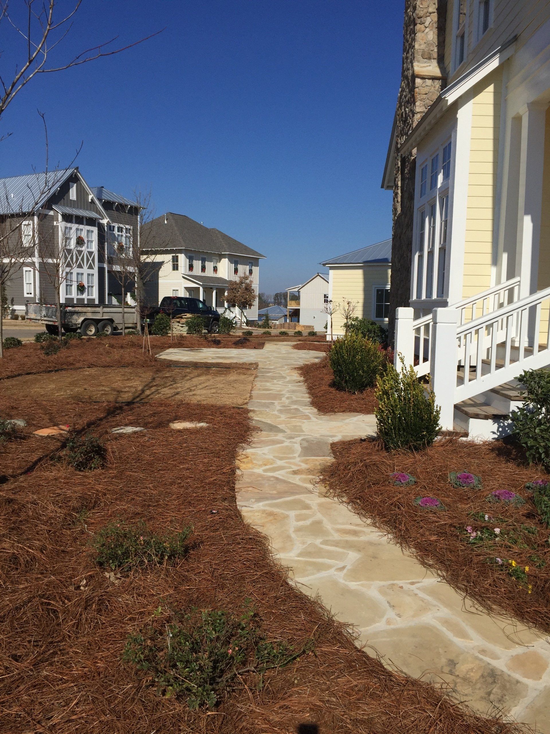 Stone pathway through mulch and landscaping towards houses on a sunny day.