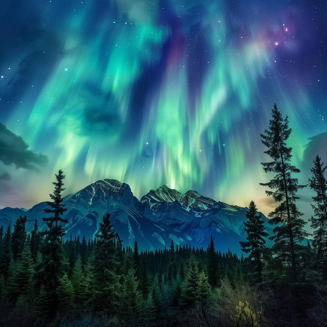 The aurora borealis shines over the mountains and trees