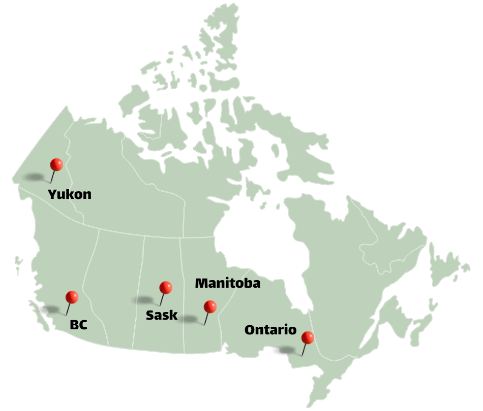 A map of canada with red pins on it