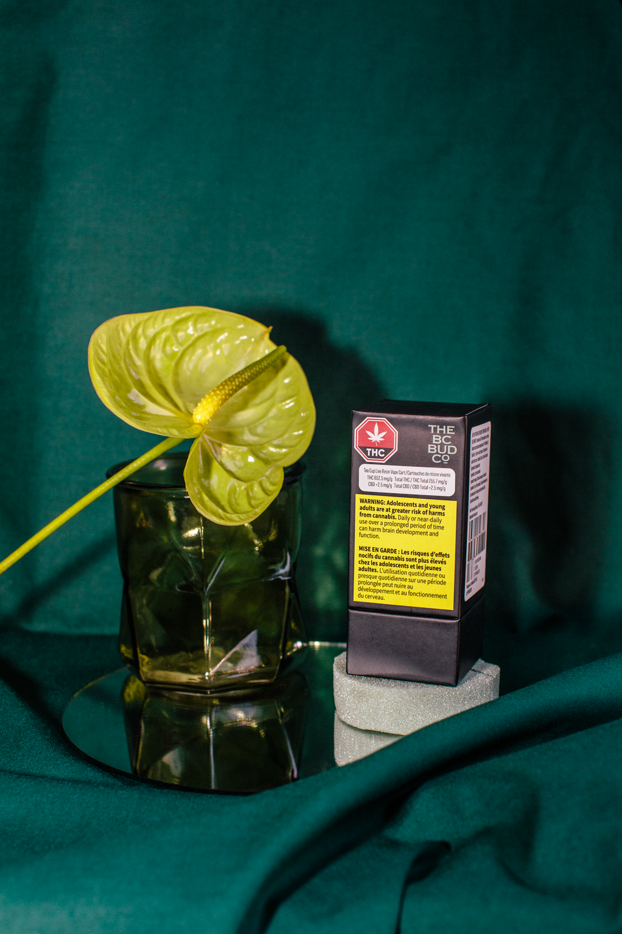 A plant in a glass next to a box on a table.