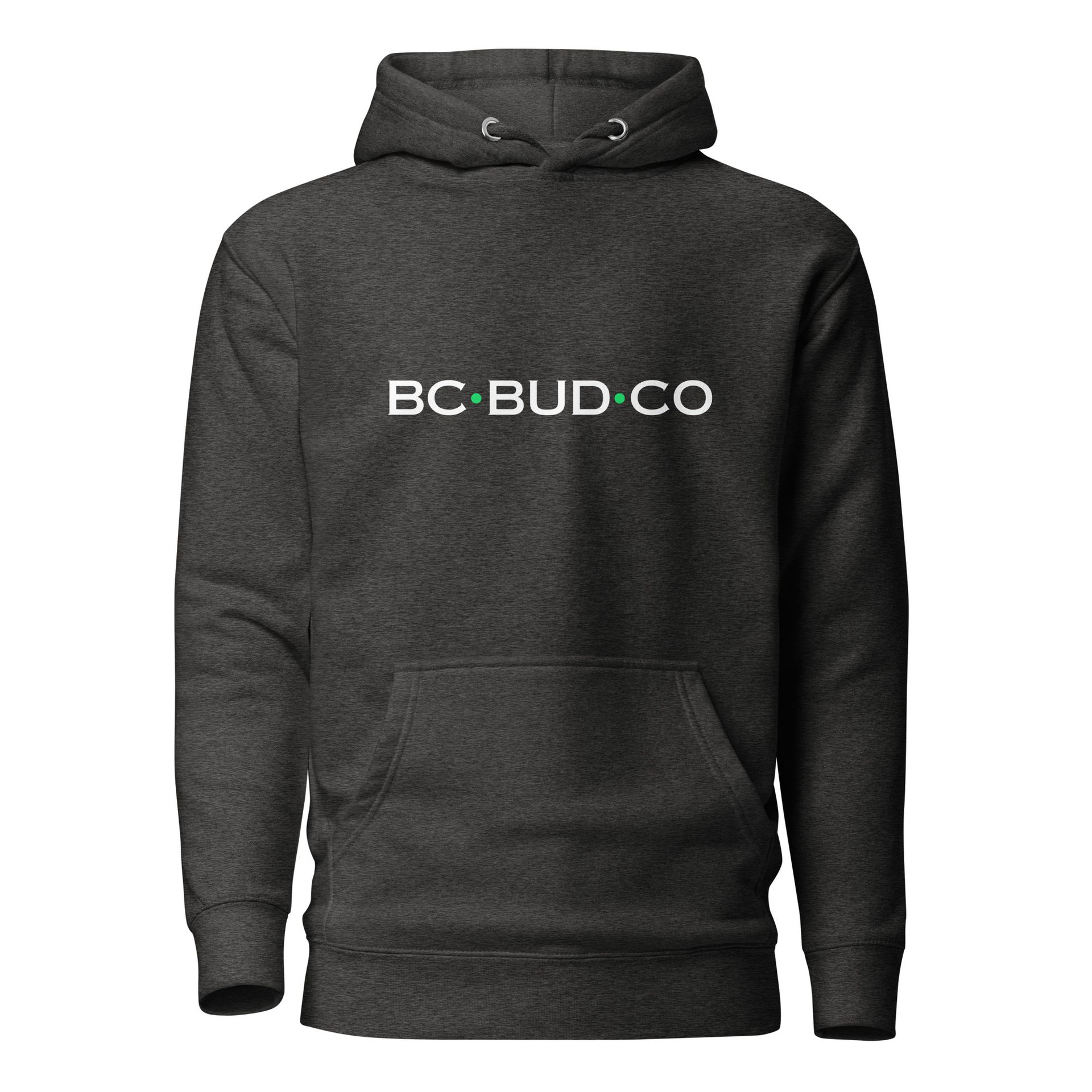 A man is wearing a black hoodie with the word bc on it