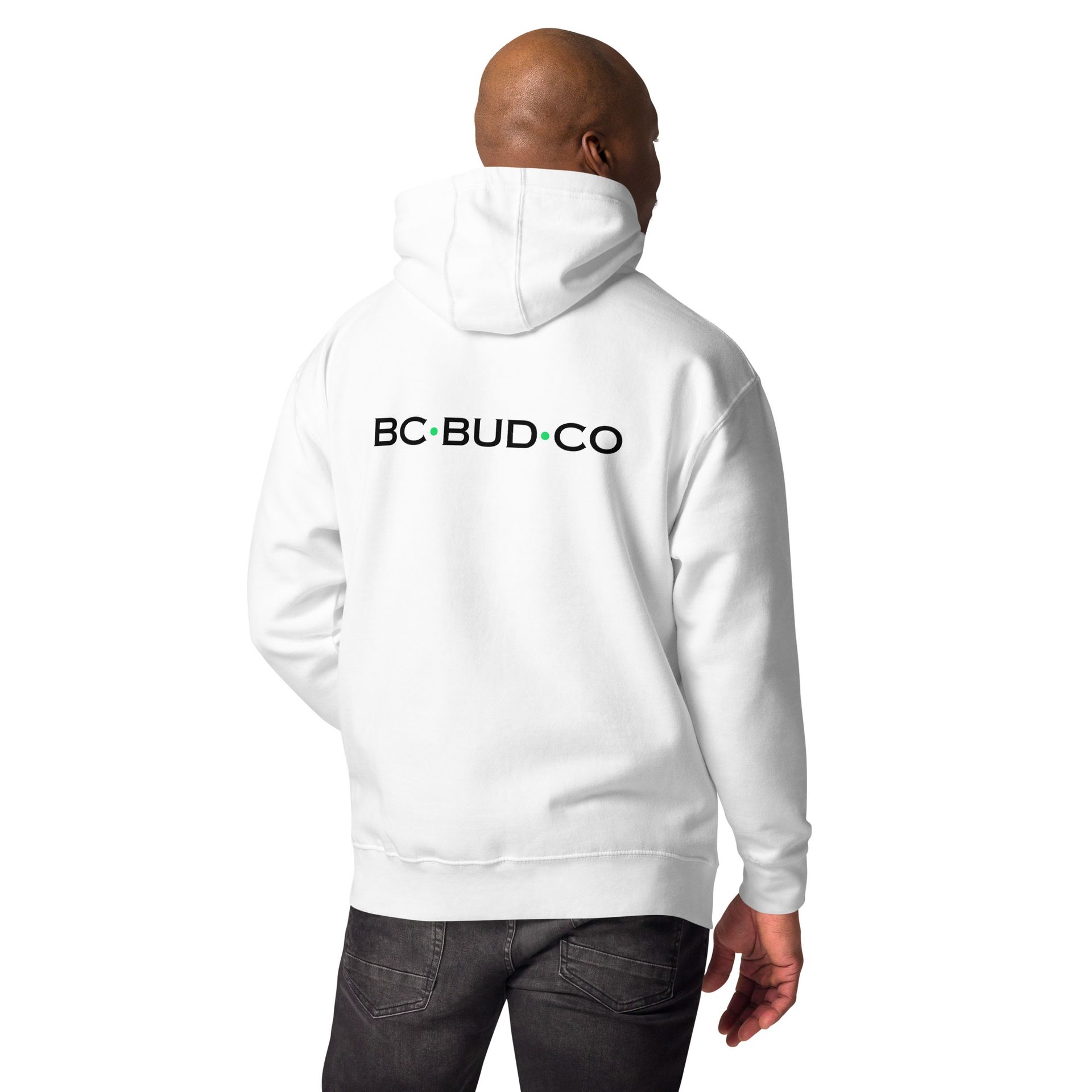 A man is wearing a white hoodie that says bc bud co on the back.