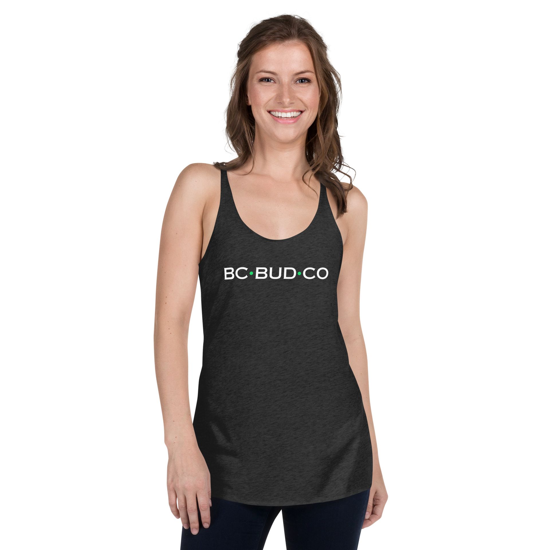 A woman wearing a black tank top that says bc bud co