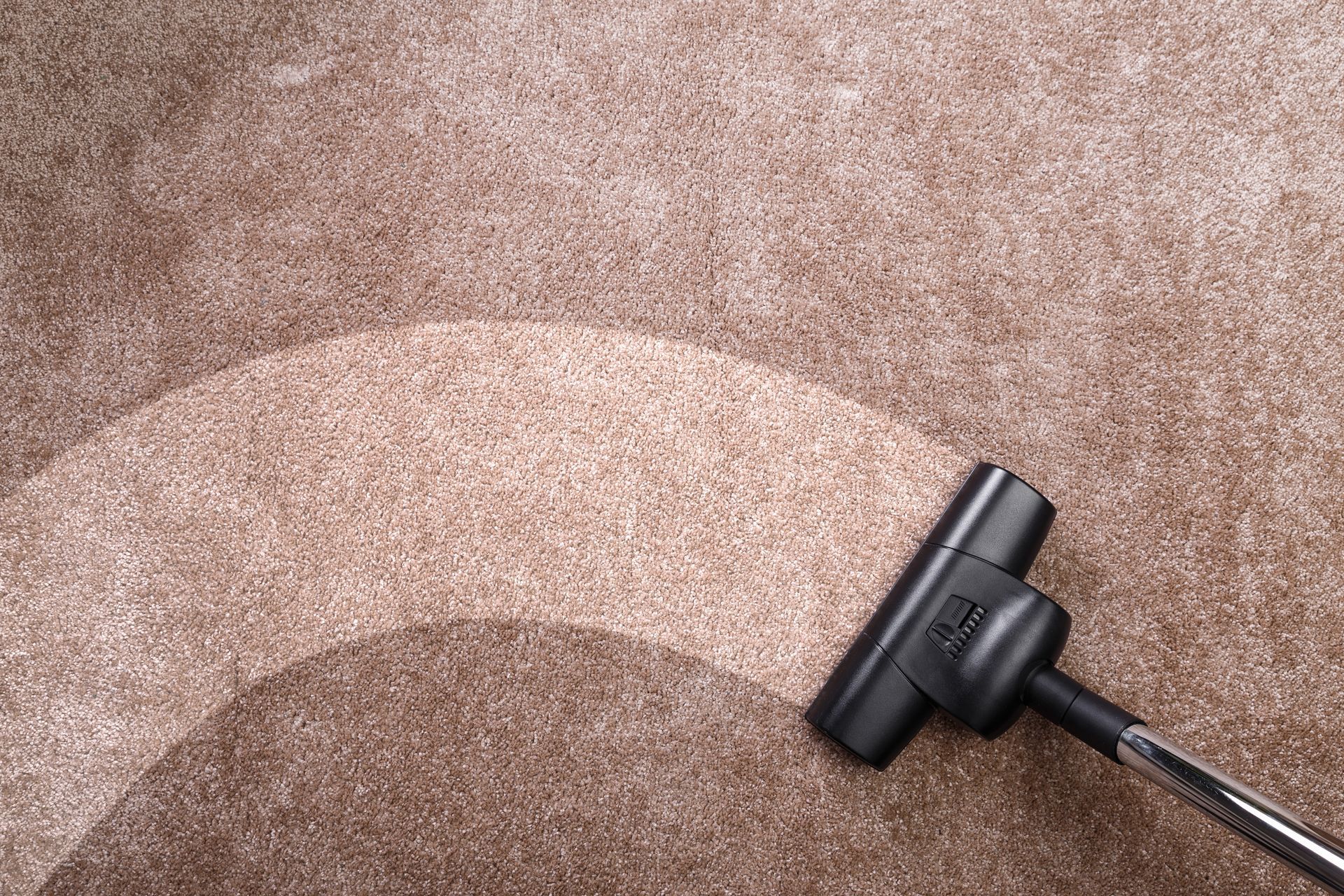 A vacuum cleaner head cleans a path across a brown carpet, highlighting the difference between dirty and clean areas.