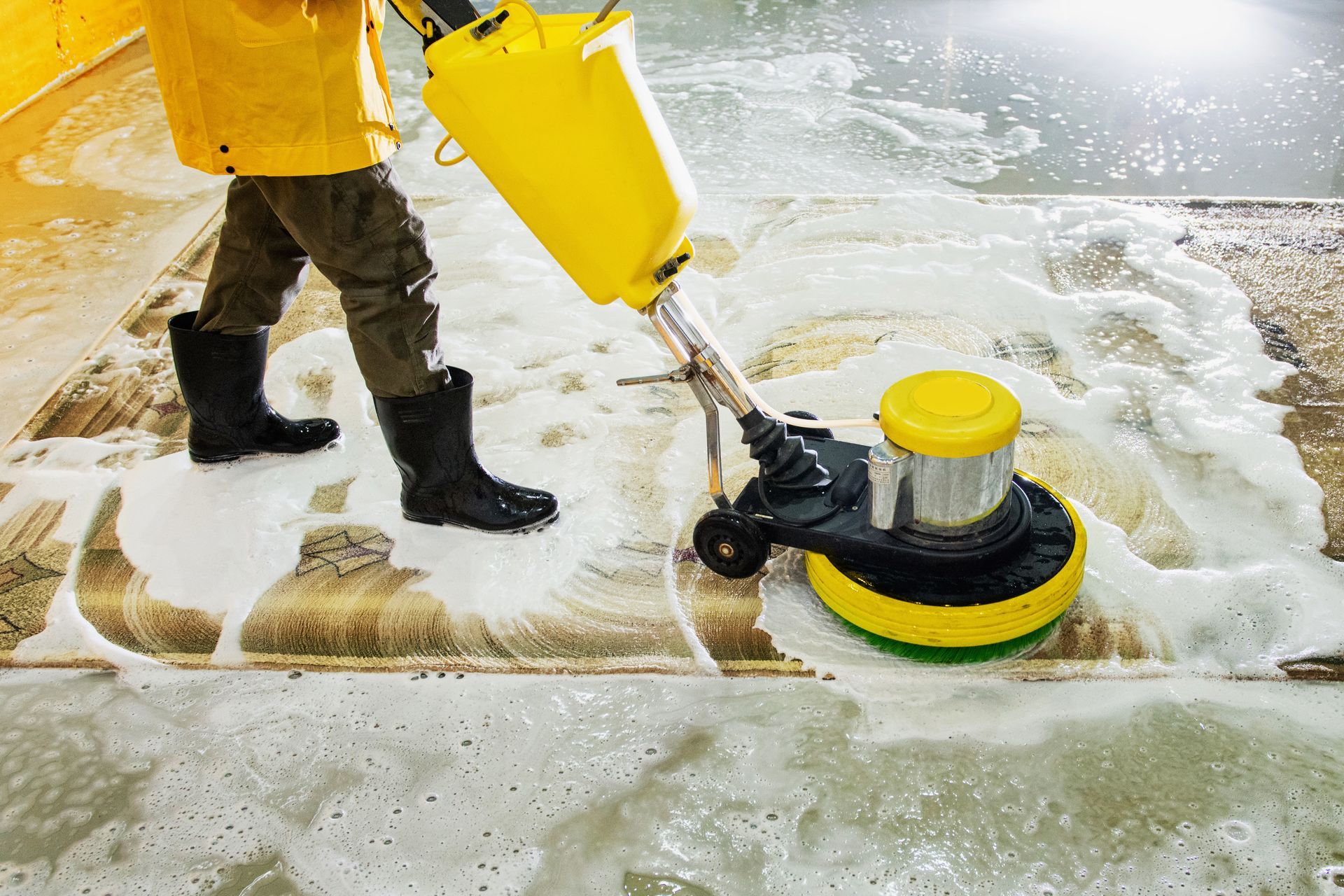 A person in protective gear uses a yellow industrial floor scrubber to deep clean a rug covered in thick white foam.