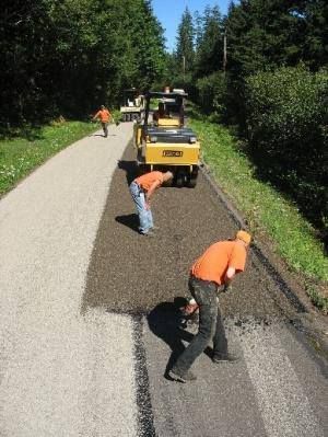 Road workers paving a pathway. Men in orange shirts using tools, with a roller machine on a road in a wooded area.