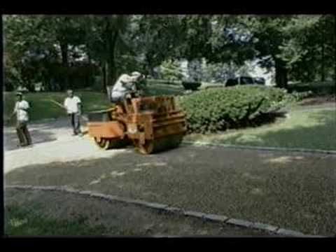 Workers paving a road with a steamroller, in a park with greenery.