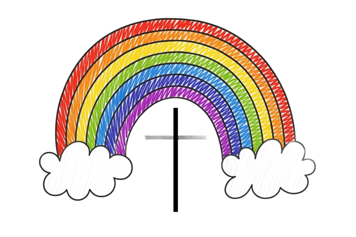 Rainbow with a cross, white clouds; colorful arch above black and gray Christian symbol.