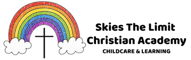 Logo for Skies The Limit Christian Academy, with a rainbow, cross, and childcare text.