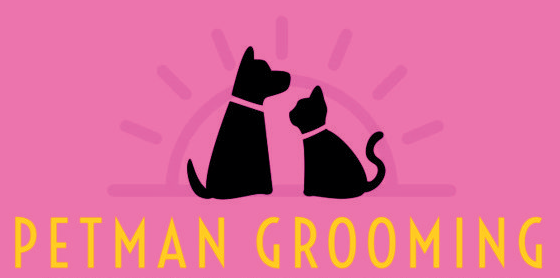 A dog and a cat are sitting next to each other on a pink background.
