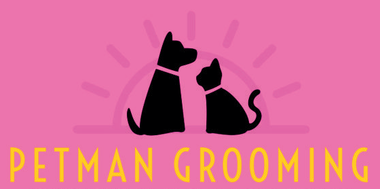 A dog and a cat are sitting next to each other on a pink background.
