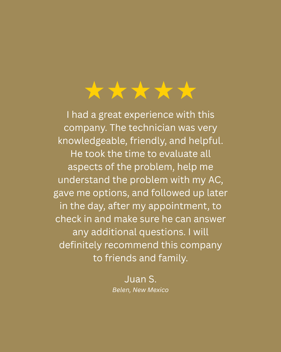 A 5-star review for AC repair services in Belen, NM