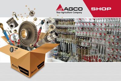 AGCO shop banner with a box of tractor parts and rows of hardware on display