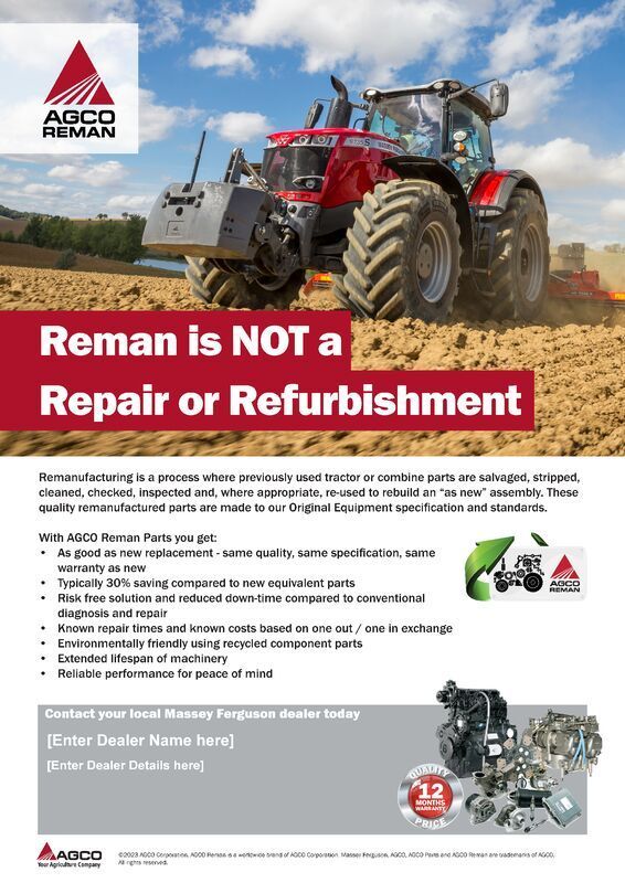 Agco Reman tractor ad with red tractor and bold text: “Reman is NOT a Repair or Refurbishment”