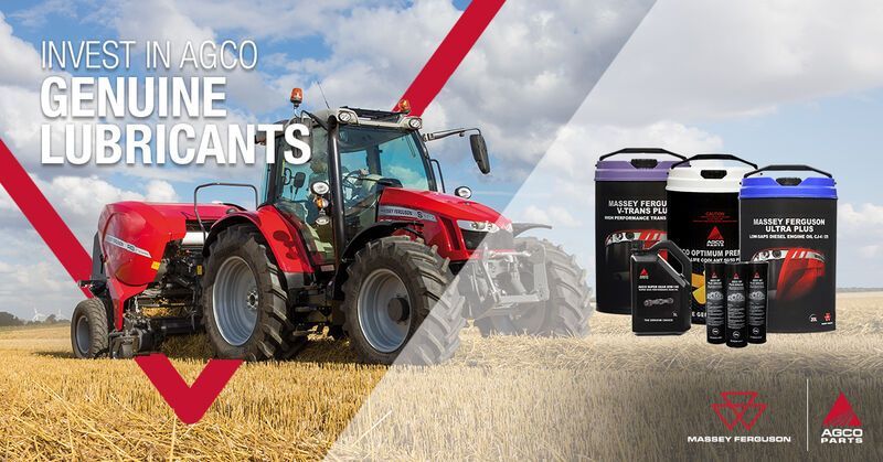 Red tractor in a wheat field beside yellow, black, and blue lubricant containers;