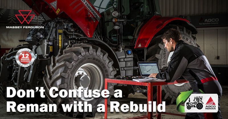 Mechanic inspecting red tractor in workshop with text: “Don’t Confuse a Reman with a Rebuild”